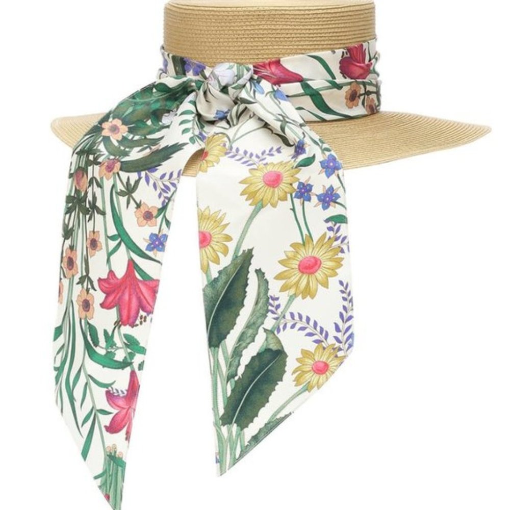 Gucci Woven Hat with Floral Alba Ribbon in Beige